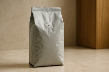 Matte stand-up pouch on wood, beige plaster wall
