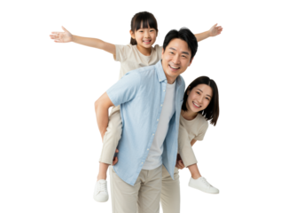 Joyful Asian father piggybacking daughter, arms outstretched, with smiling Asian mother in casual attire, on transparent studio background. Family well-being concept.