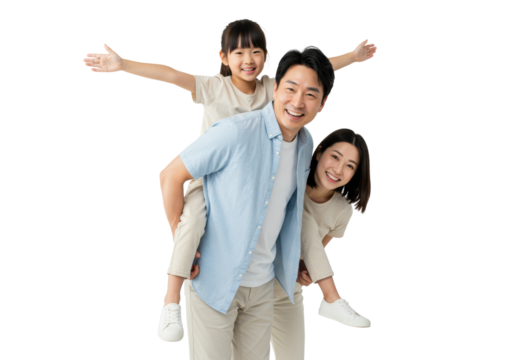 Joyful Asian father piggybacking daughter, arms outstretched, with smiling Asian mother in casual attire, on transparent studio background. Family well-being concept.