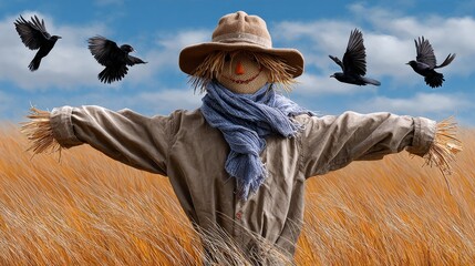 Scarecrow is standing in a field with a blue scarf around its neck