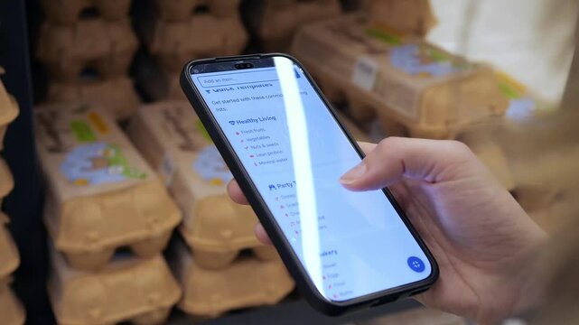 In a supermarket, a shopper's hands cross-reference a phone with products on the shelf, ensuring dietary goals are met. This video is essential for content about modern grocery shopping and