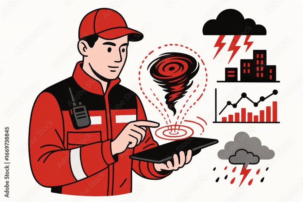 Poster emergency response technician analyzing severe weather patterns using advanced digital tools while v