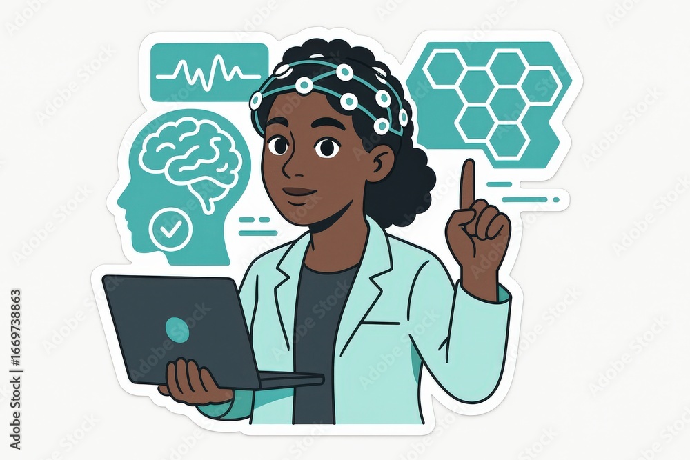 Aufkleber a confident female scientist demonstrating innovative research while engaging audiences with digital