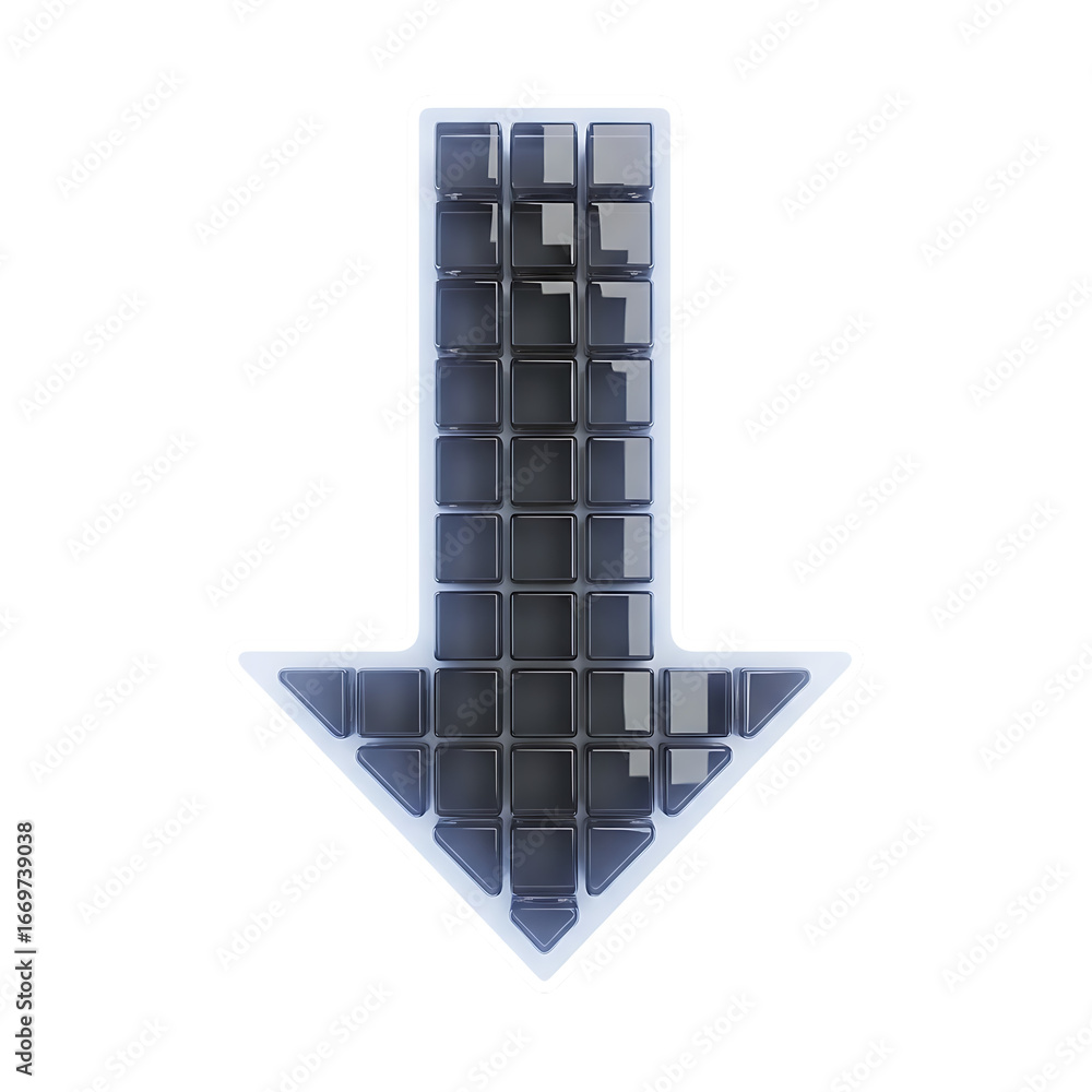 Poster modern down arrow icon with metallic shimmer and grid texture directional symbol isolated on transpa