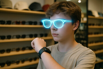 ng Boy Trying on Holographic Glasses in an Optical Store
