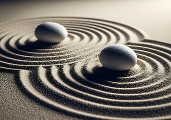 Two serene, white stones sit amidst intricate, concentric circles etched into light beige sand, evoking a sense of tranquility and harmony.