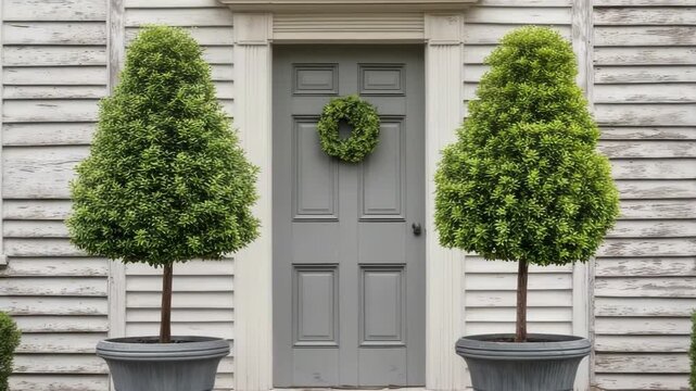Inviting entrance with symmetrical topiary trees flanking a classic gray door and wreath