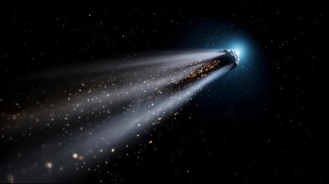 A giant comet with a bright tail flies through space, leaving a glowing trail of particles