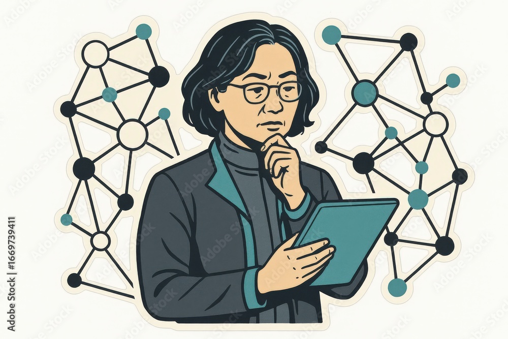Poster analytical individual contemplating innovative solutions while holding a digital tablet amidst conne