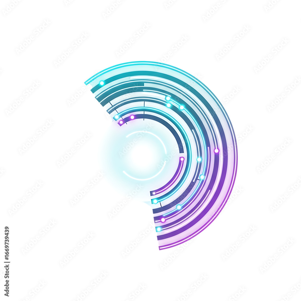 Poster modern abstract arc shape with glowing neon gradient and bright center element isolated on transpare