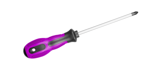 A Phillips screwdriver with an ergonomic Pink black handle suits various DIY projects. Its sturdy design ensures reliable performance on isolated white background close-up