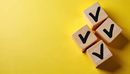 Four wooden cubes with black check symbols arranged on bright yellow background. Cube features distinct checkmark, suggesting completion, agreement, positive decision. Image conveys concepts of