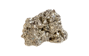 A glistening pyrite gemstone with a cubic shape, showcasing a metallic golden hue and sharp edges. Ideal for decorative items with striking brilliance.