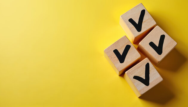 Four wooden cubes with black check symbols arranged on bright yellow background. Cube features distinct checkmark, suggesting completion, agreement, positive decision. Image conveys concepts of