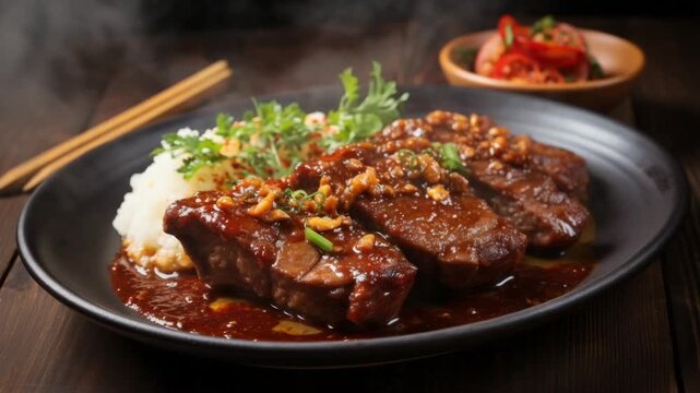 Braised beef short ribs with rice and herbs
