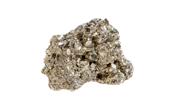A glistening pyrite gemstone with a cubic shape, showcasing a metallic golden hue and sharp edges. Ideal for decorative items with striking brilliance.