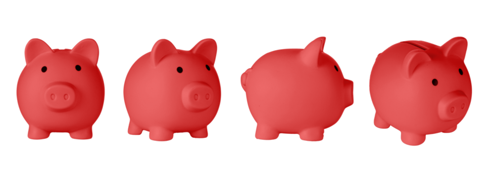 Set Piggy bank pig Red color on isolated white background close up