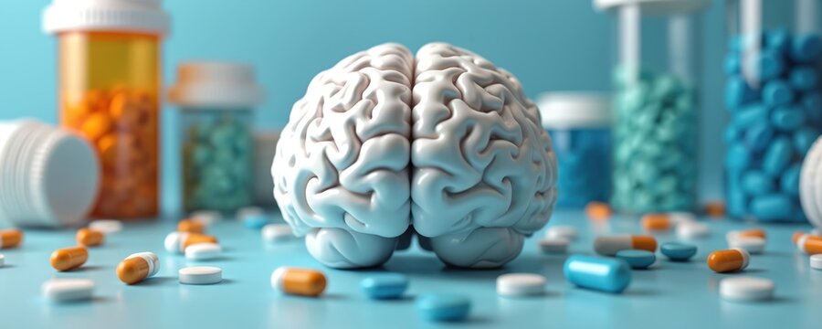 White brain model sits on blue surface surrounded by colorful pills, medicine bottles. Concepts include mental wellness, neuroscience, pharmaceutical, psychology, memory enhancement, healthcare.