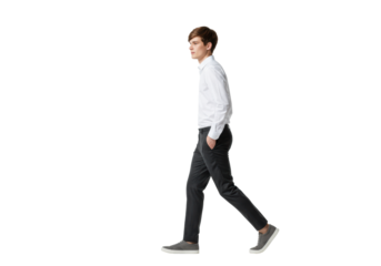 Young adult in smart-casual attire, mid-stride from rear view, confidently striding forward against a transparent studio background with copy space, concept of progress and new opportunities