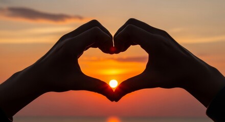 Hands forming a heart at sunset, romantic silhouette