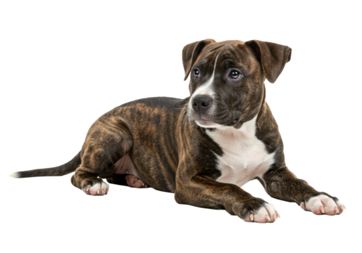 An adorable, peaceful brindle and white American Staffordshire Terrier puppy lies calmly on a transparent studio background, its gaze leading right, concept of pet companionship