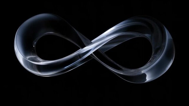 Transparent glass sculpture shaped like infinity symbol twisted and illuminated on black background