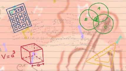 Colored math icons fading in on lined paper equations scrolling guitar pulsing looping cycle - Powered by Adobe