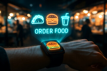 Hand Using a Smartwatch with a Holographic Food Ordering Menu