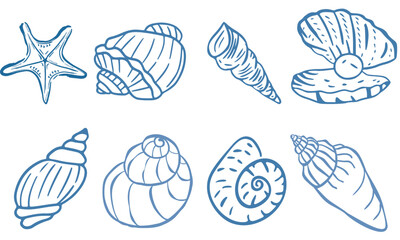 Summer vacation design Hand Drawn Seashells Vector Set Minimalist Line Art Summer Beach Design Tropical beach shells. Vector flat