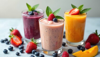 Three glasses filled with colorful fruit smoothies. One vibrant orange mango blend, creamy pink strawberry raspberry mix, deep purple berry concoction. Garnished with fresh fruits, mint leaves,