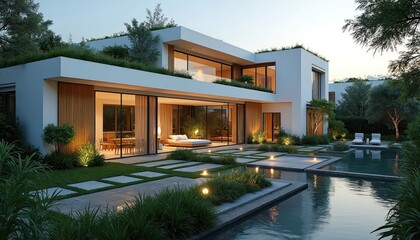 Modern white building with green roof features vegetation, promoting eco-friendly urban living. Sustainable architecture includes large glass windows, minimalist design, integrated landscaping.