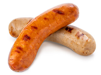 Two types of sausages, smoked and barbecue, served and isolated on white background with clipping path, perfect for food menu and cooking design.