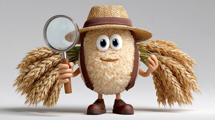 Cartoon character holding a magnifying glass and wearing a straw hat