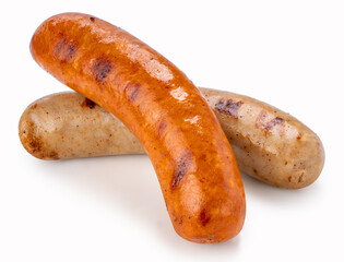 Two types of sausages, smoked and barbecue, served and isolated on white background with clipping path, perfect for food menu and cooking design.
