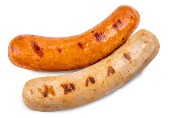 Two types of sausages, smoked and barbecue, served and isolated on white background with clipping path, perfect for food menu and cooking design.