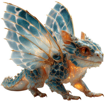 A blue and gold dragon with translucent wings isolated on transparent background