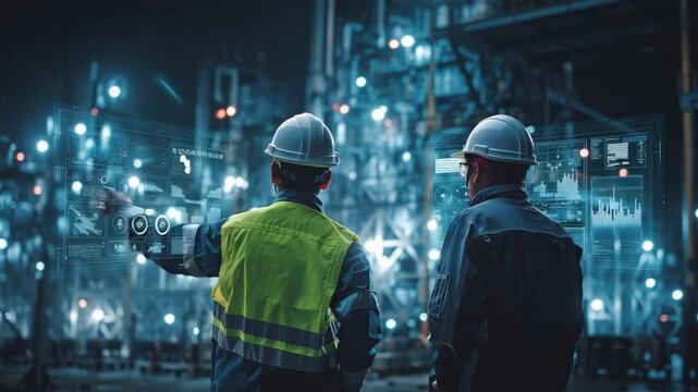 Side view of industrial operator and engineer in conversation, futuristic UI displays showing deep learning optimization and predictive maintenance metrics .