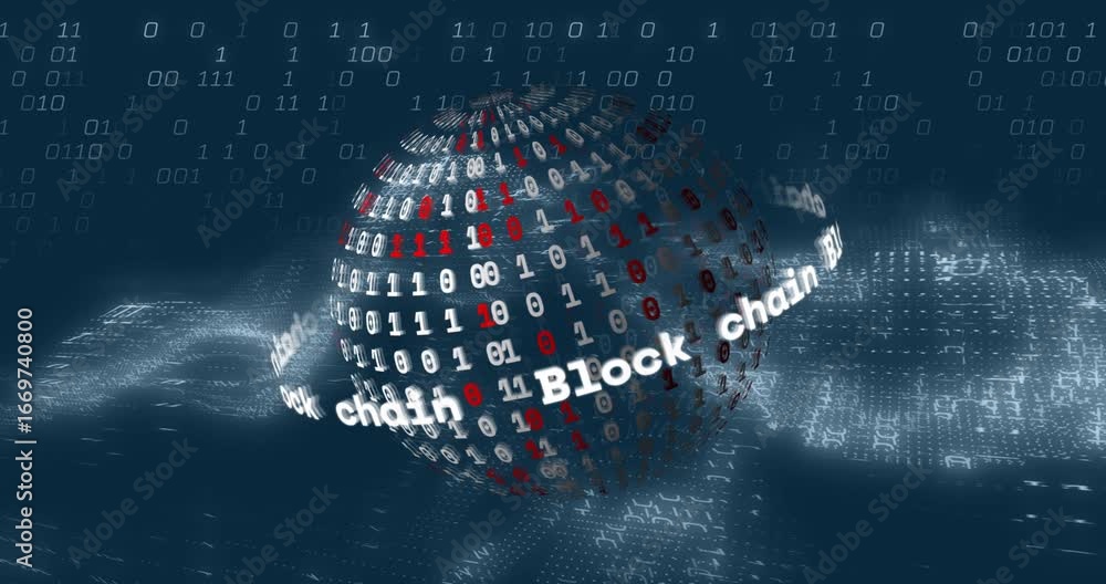 Poster 3d sphere emerging from left drifting to center rotating with shifting code to visualize blockchain