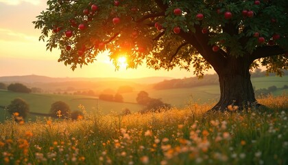 Majestic apple tree laden with red fruit stands in field of blooming wildflowers at serene sunset. Gentle rolling hills of English countryside bathed in warm evening light. Peaceful rural landscape