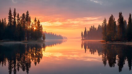 A golden sunset over a serene lake surrounded by dense pine forests