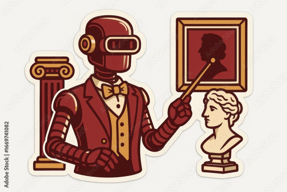 Aufkleber unique robotic scholar in elegant attire presenting art with notable toast of a classical bust in a 