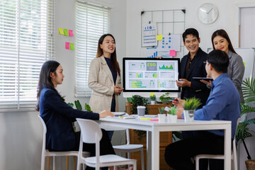 Fototapeta premium ESG Green business corporate diversity team presentation in ESG environment,socail,governance sustainability business goals sdgs in green office 