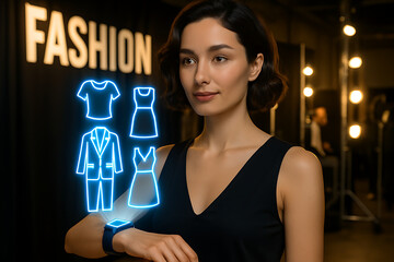 Woman Choosing Clothing with a Holographic Fashion Display