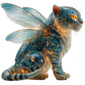 A magical winged cat with ornate armor sits serenely