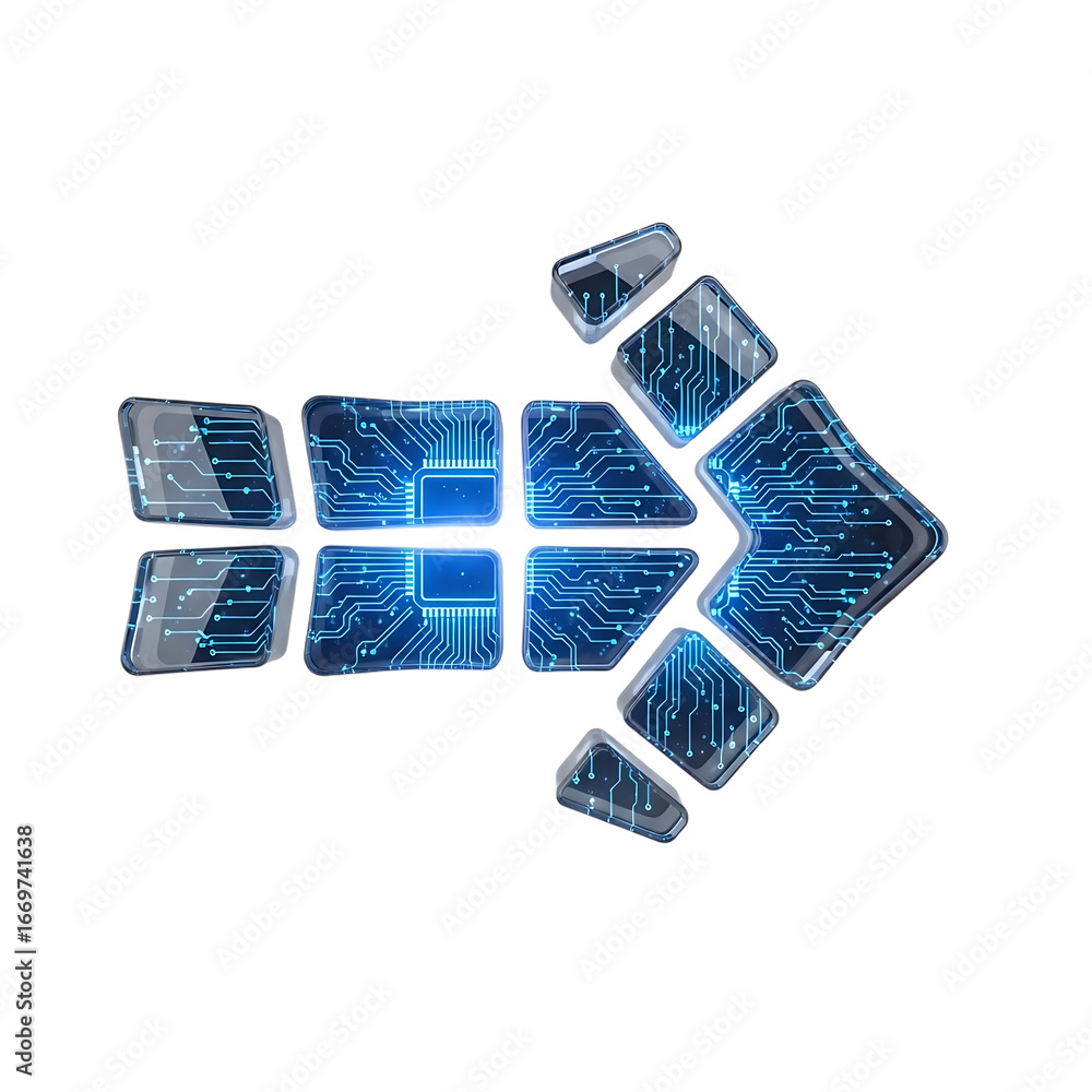 Poster futuristic digital arrow icon featuring glowing blue circuit board lines pointing forward on black i