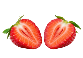 Perfectly ripe red strawberry cut in half, vibrant flesh, seeds, green sepal and stem, isolated on transparent background. Concept of fresh organic produce