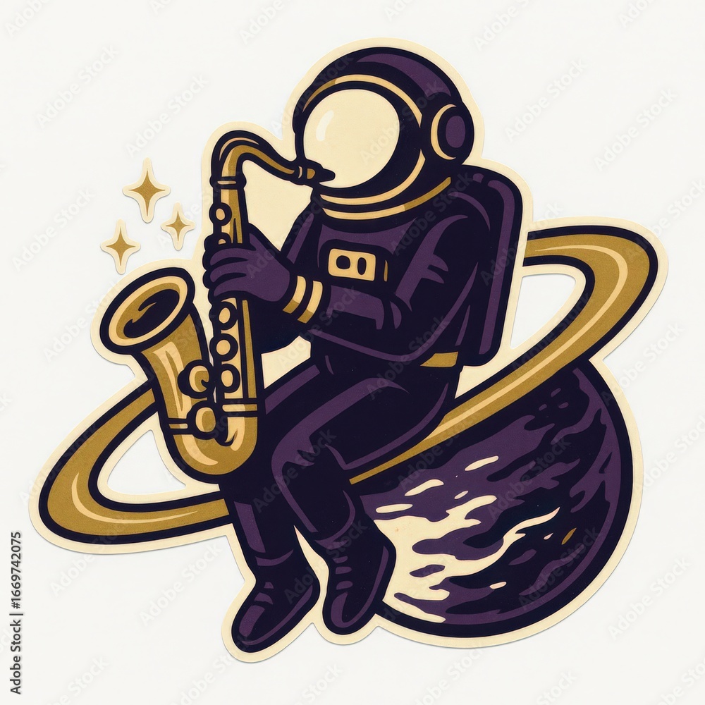 Poster an astronaut joyfully playing the saxophone while floating gracefully in space surrounded by celesti