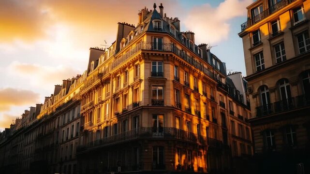 Elegant Parisian building at golden hour sunset
