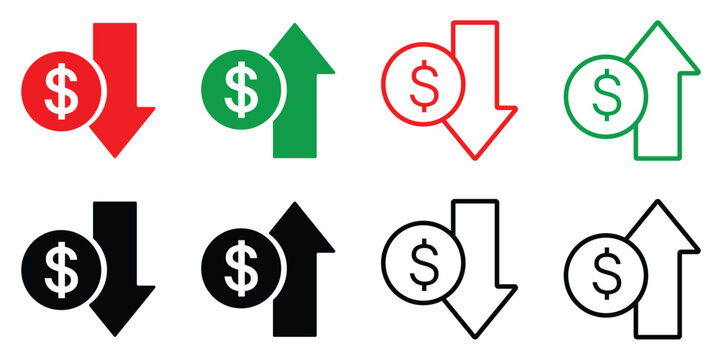 cost increase and decrease icon set. profit and loss icon set. dollar increase and decrease vector icon. investment and savings icon. vector illustration and transparent PNG.