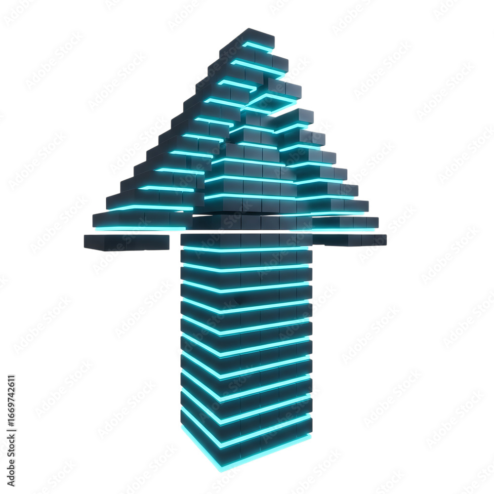 Poster futuristic neon arrow icon pointing upward illuminated technology digital symbol isolated on transpa
